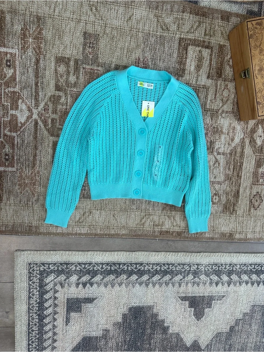 New Epic Threads Girls Cardigan Macys Exclusive V Neck Turquoise Button Sm 7/8